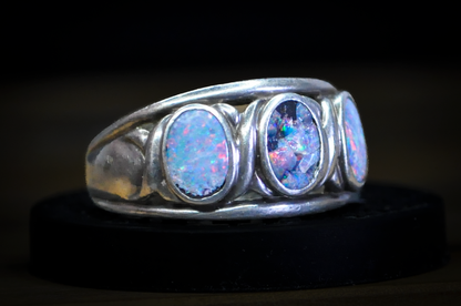 Unique Sterling Silver Inlaid Opal Trio Ring - Size 6 - Stamped and Tested Sterling Silver - Triple Threat Inlaid Opal ring