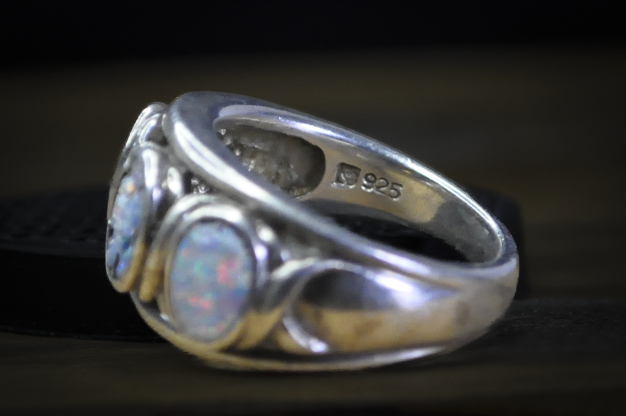 Unique Sterling Silver Inlaid Opal Trio Ring - Size 6 - Stamped and Tested Sterling Silver - Triple Threat Inlaid Opal ring