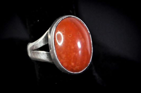 Vintage Zuni Large Oval Cut Coral Signet Ring - Size 5 - Tested Sterling Silver - Large Zuni Coral Ring