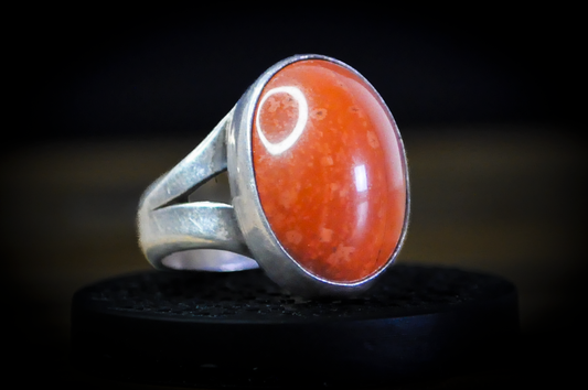 Vintage Zuni Large Oval Cut Coral Signet Ring - Size 5 - Tested Sterling Silver - Large Zuni Coral Ring