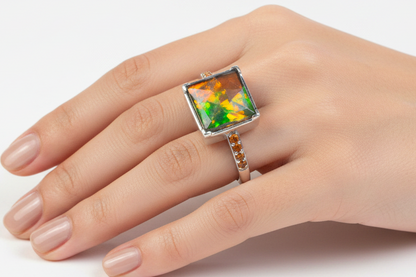 Square Cut Multicolor Ammolite Ring - Size 6 - Stamped and Tested Sterling Silver - Accented with Fire Opal