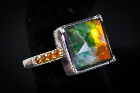 Square Cut Multicolor Ammolite Ring - Size 6 - Stamped and Tested Sterling Silver - Accented with Fire Opal