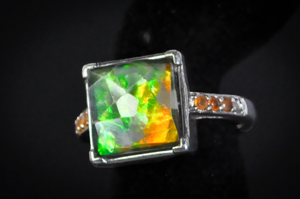 Square Cut Multicolor Ammolite Ring - Size 6 - Stamped and Tested Sterling Silver - Accented with Fire Opal