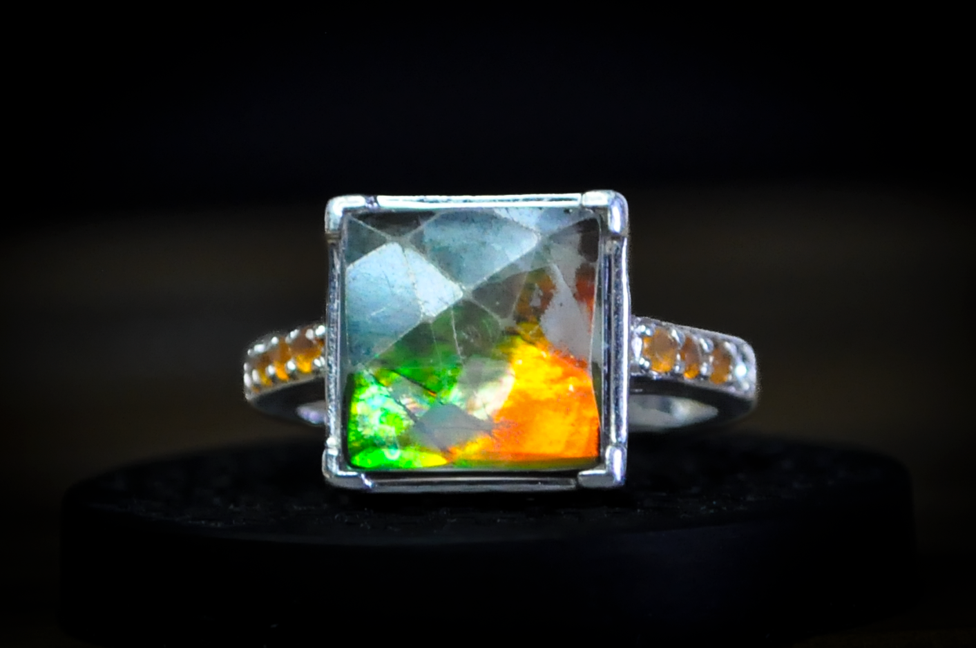 Square Cut Multicolor Ammolite Ring - Size 6 - Stamped and Tested Sterling Silver - Accented with Fire Opal