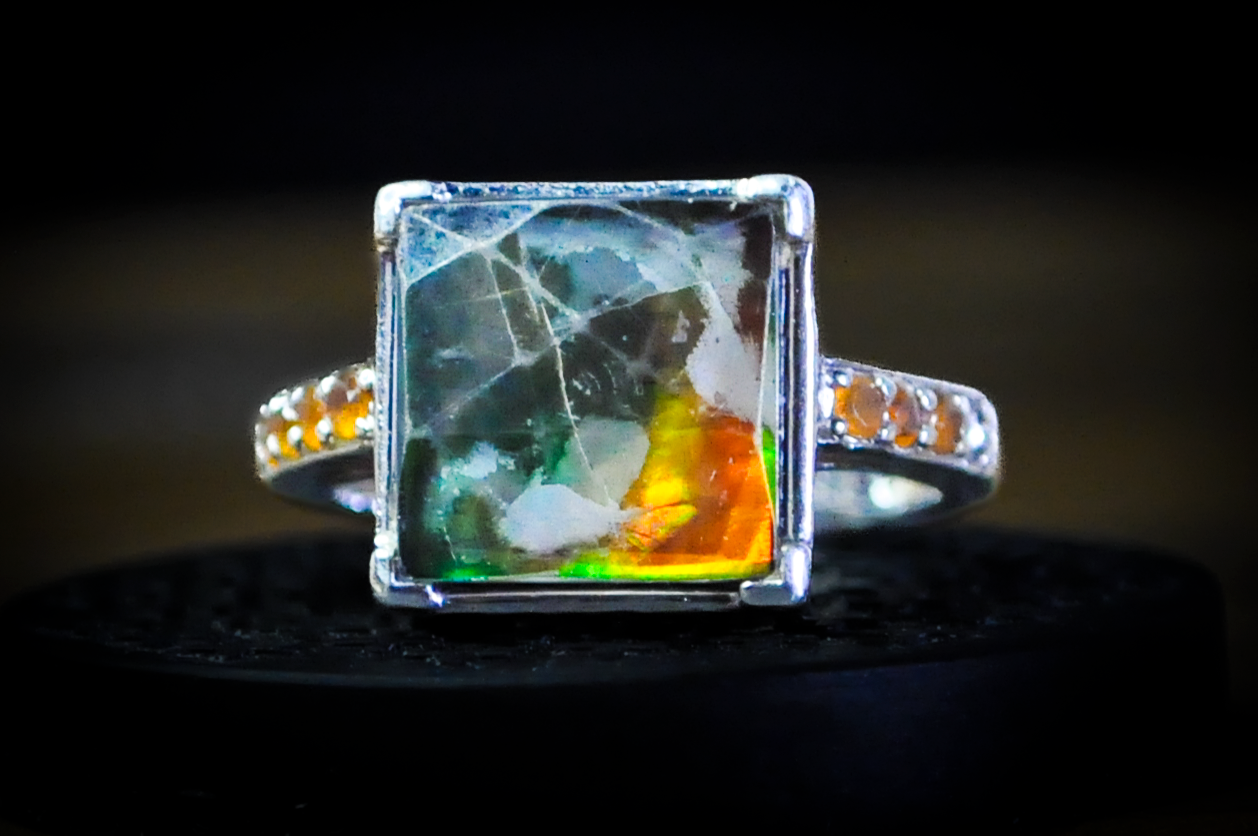 Square Cut Multicolor Ammolite Ring - Size 6 - Stamped and Tested Sterling Silver - Accented with Fire Opal