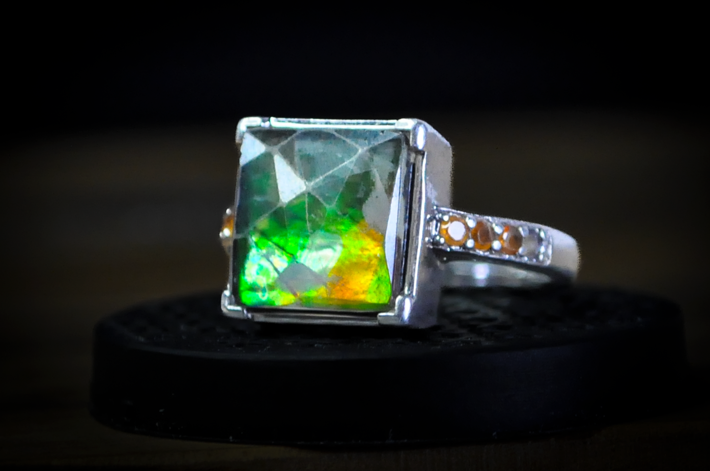 Square Cut Multicolor Ammolite Ring - Size 6 - Stamped and Tested Sterling Silver - Accented with Fire Opal