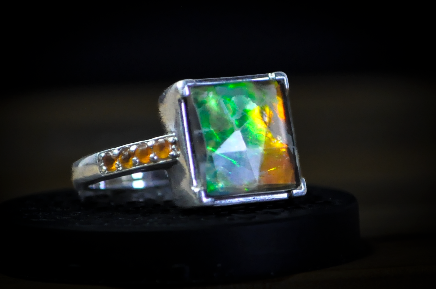 Square Cut Multicolor Ammolite Ring - Size 6 - Stamped and Tested Sterling Silver - Accented with Fire Opal