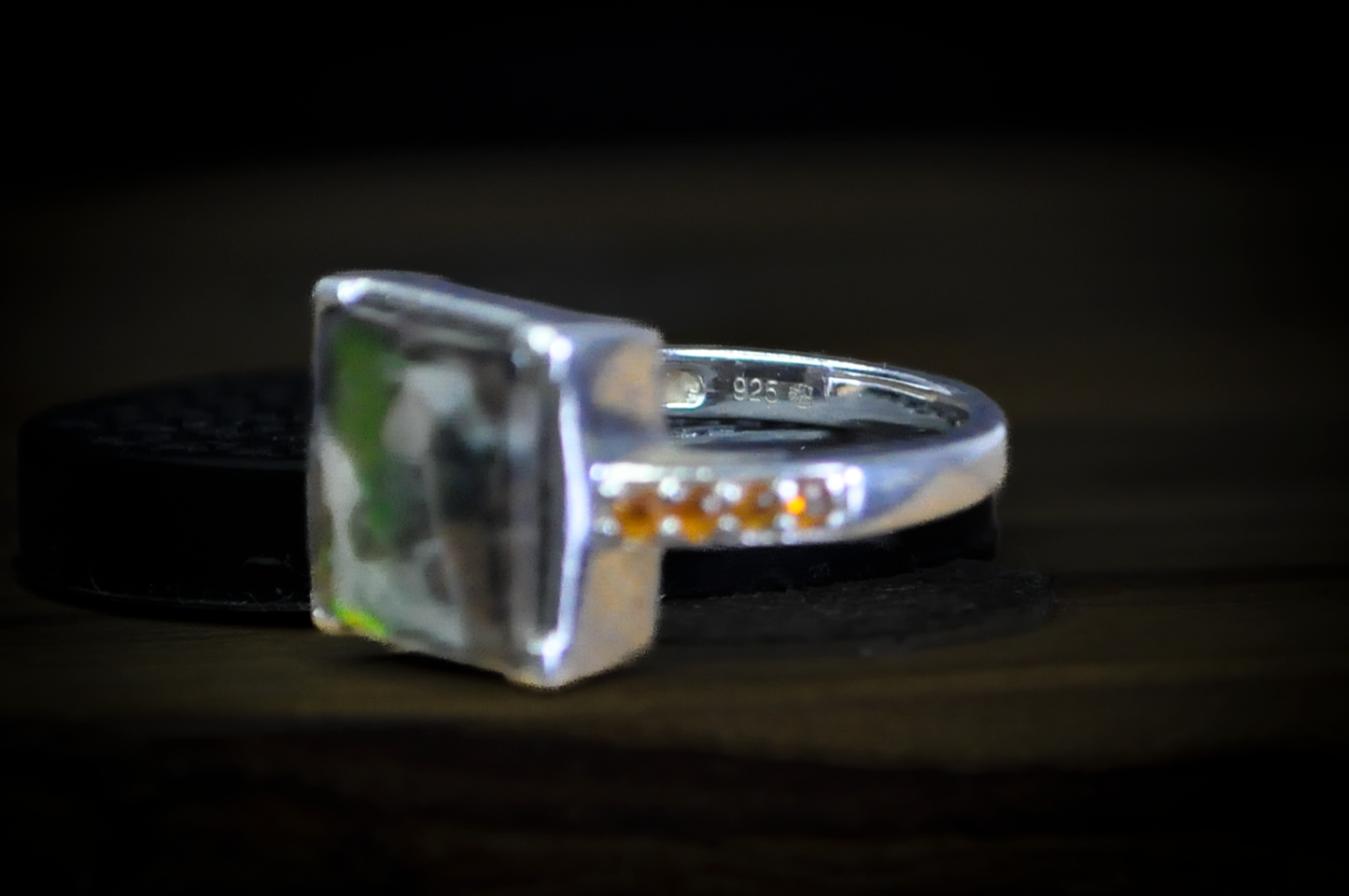 Square Cut Multicolor Ammolite Ring - Size 6 - Stamped and Tested Sterling Silver - Accented with Fire Opal
