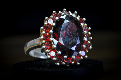 Large Cocktail Garnet Cluster Ring - Size 10 - Stamped and Tested Sterling Silver - Oval Cut - Halo of Garnets - Crown Filigree