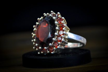 Large Cocktail Garnet Cluster Ring - Size 10 - Stamped and Tested Sterling Silver - Oval Cut - Halo of Garnets - Crown Filigree