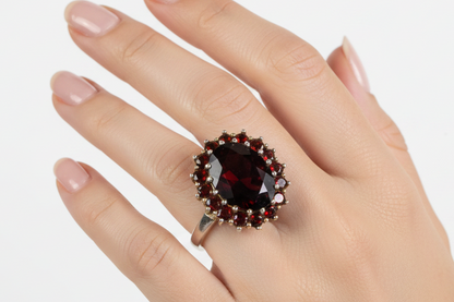 Large Cocktail Garnet Cluster Ring - Size 10 - Stamped and Tested Sterling Silver - Oval Cut - Halo of Garnets - Crown Filigree