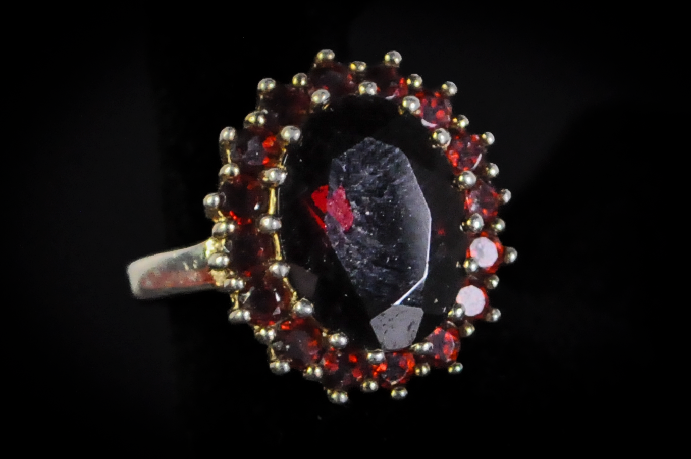 Large Cocktail Garnet Cluster Ring - Size 10 - Stamped and Tested Sterling Silver - Oval Cut - Halo of Garnets - Crown Filigree