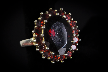 Large Cocktail Garnet Cluster Ring - Size 10 - Stamped and Tested Sterling Silver - Oval Cut - Halo of Garnets - Crown Filigree