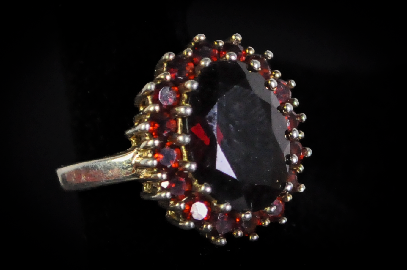 Large Cocktail Garnet Cluster Ring - Size 10 - Stamped and Tested Sterling Silver - Oval Cut - Halo of Garnets - Crown Filigree