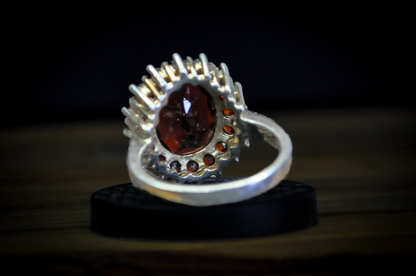 Large Cocktail Garnet Cluster Ring - Size 10 - Stamped and Tested Sterling Silver - Oval Cut - Halo of Garnets - Crown Filigree
