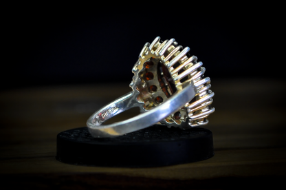 Large Cocktail Garnet Cluster Ring - Size 10 - Stamped and Tested Sterling Silver - Oval Cut - Halo of Garnets - Crown Filigree