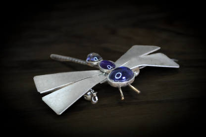 Smooth Oval Amethyst and Moonstone Cabochon Dragonfly Brooch - 1.75 Inches - Tested Sterling Silver - Moonstone Brooch - Amethyst Brooch