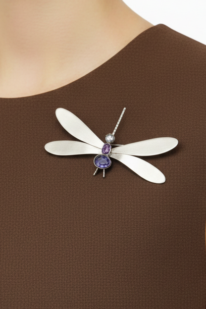 Smooth Oval Amethyst and Moonstone Cabochon Dragonfly Brooch - 1.75 Inches - Tested Sterling Silver - Moonstone Brooch - Amethyst Brooch