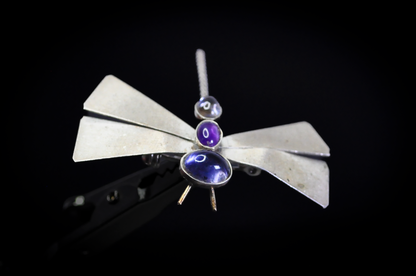 Smooth Oval Amethyst and Moonstone Cabochon Dragonfly Brooch - 1.75 Inches - Tested Sterling Silver - Moonstone Brooch - Amethyst Brooch