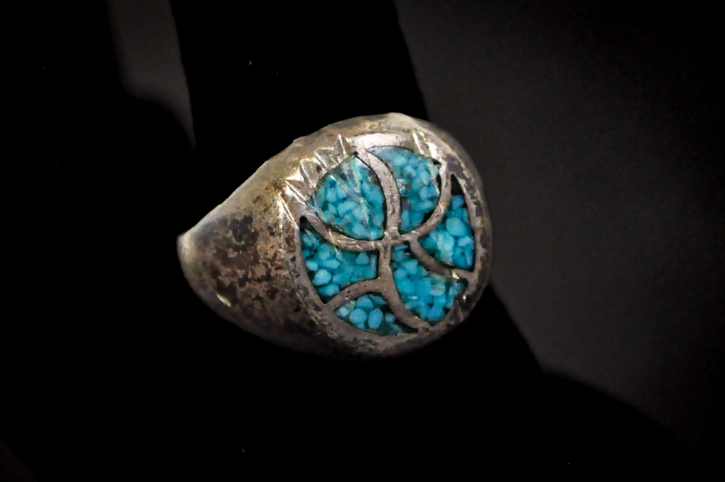 Chipped Mosaic Inlaid Turquoise Ring - Size 9 -  Tested Sterling Silver - Navajo Mosaic Inlaid Turquoise Ring