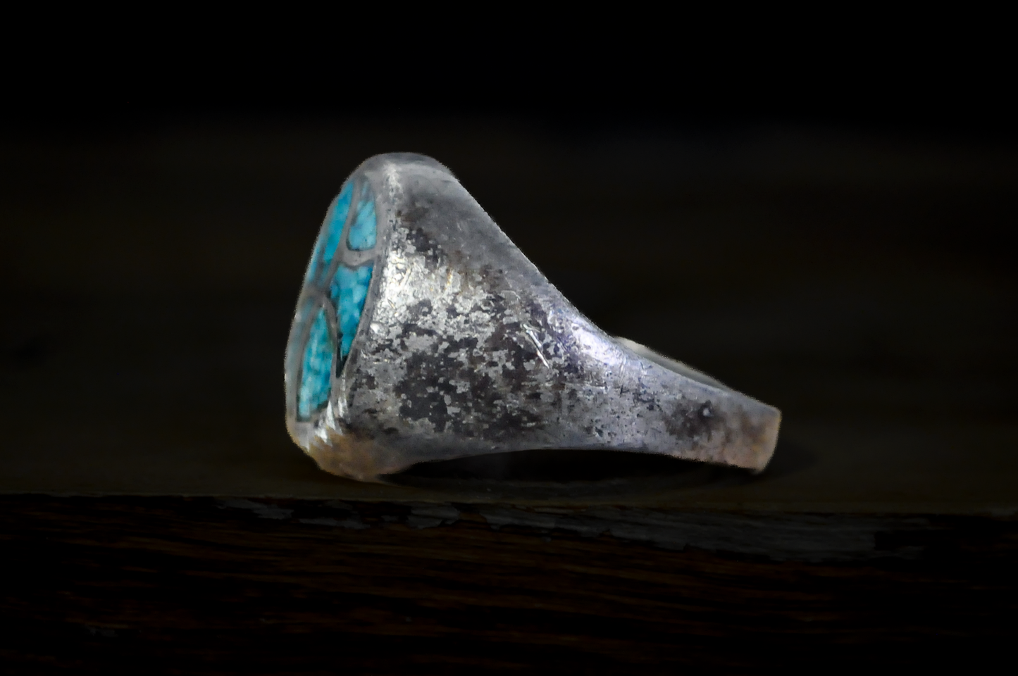 Chipped Mosaic Inlaid Turquoise Ring - Size 9 -  Tested Sterling Silver - Navajo Mosaic Inlaid Turquoise Ring