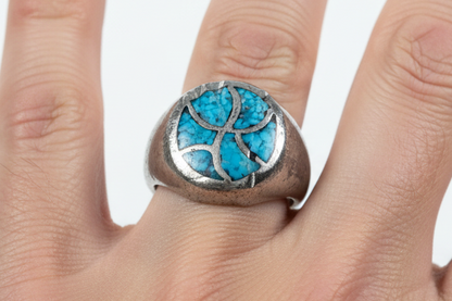 Chipped Mosaic Inlaid Turquoise Ring - Size 9 -  Tested Sterling Silver - Navajo Mosaic Inlaid Turquoise Ring