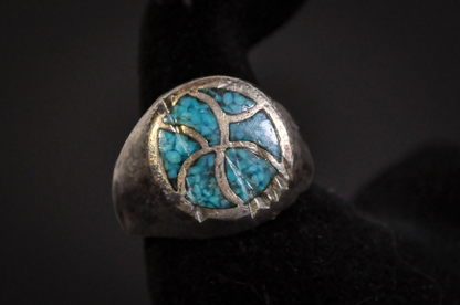 Chipped Mosaic Inlaid Turquoise Ring - Size 9 -  Tested Sterling Silver - Navajo Mosaic Inlaid Turquoise Ring