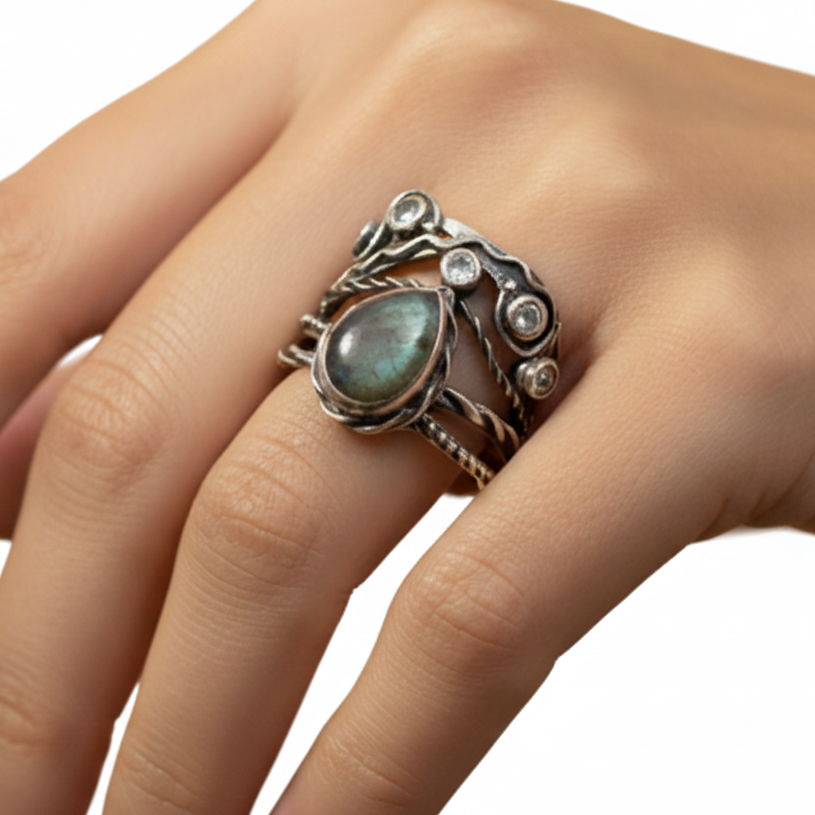 Unique Wire Multiband Teardrop Shaped Moonstone Ring - Size 9 - Stamped and Tested Sterling Silver - Multiple Banded Teardrop Moonstone Ring