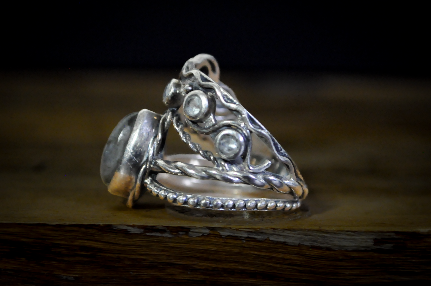 Unique Wire Multiband Teardrop Shaped Moonstone Ring - Size 9 - Stamped and Tested Sterling Silver - Multiple Banded Teardrop Moonstone Ring