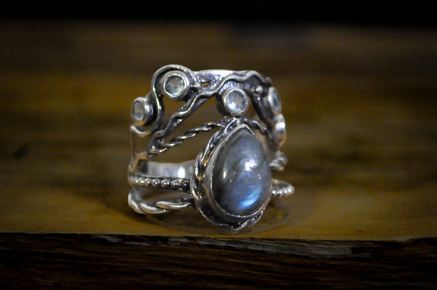 Unique Wire Multiband Teardrop Shaped Moonstone Ring - Size 9 - Stamped and Tested Sterling Silver - Multiple Banded Teardrop Moonstone Ring