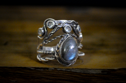 Unique Wire Multiband Teardrop Shaped Moonstone Ring - Size 9 - Stamped and Tested Sterling Silver - Multiple Banded Teardrop Moonstone Ring