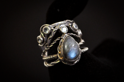 Unique Wire Multiband Teardrop Shaped Moonstone Ring - Size 9 - Stamped and Tested Sterling Silver - Multiple Banded Teardrop Moonstone Ring