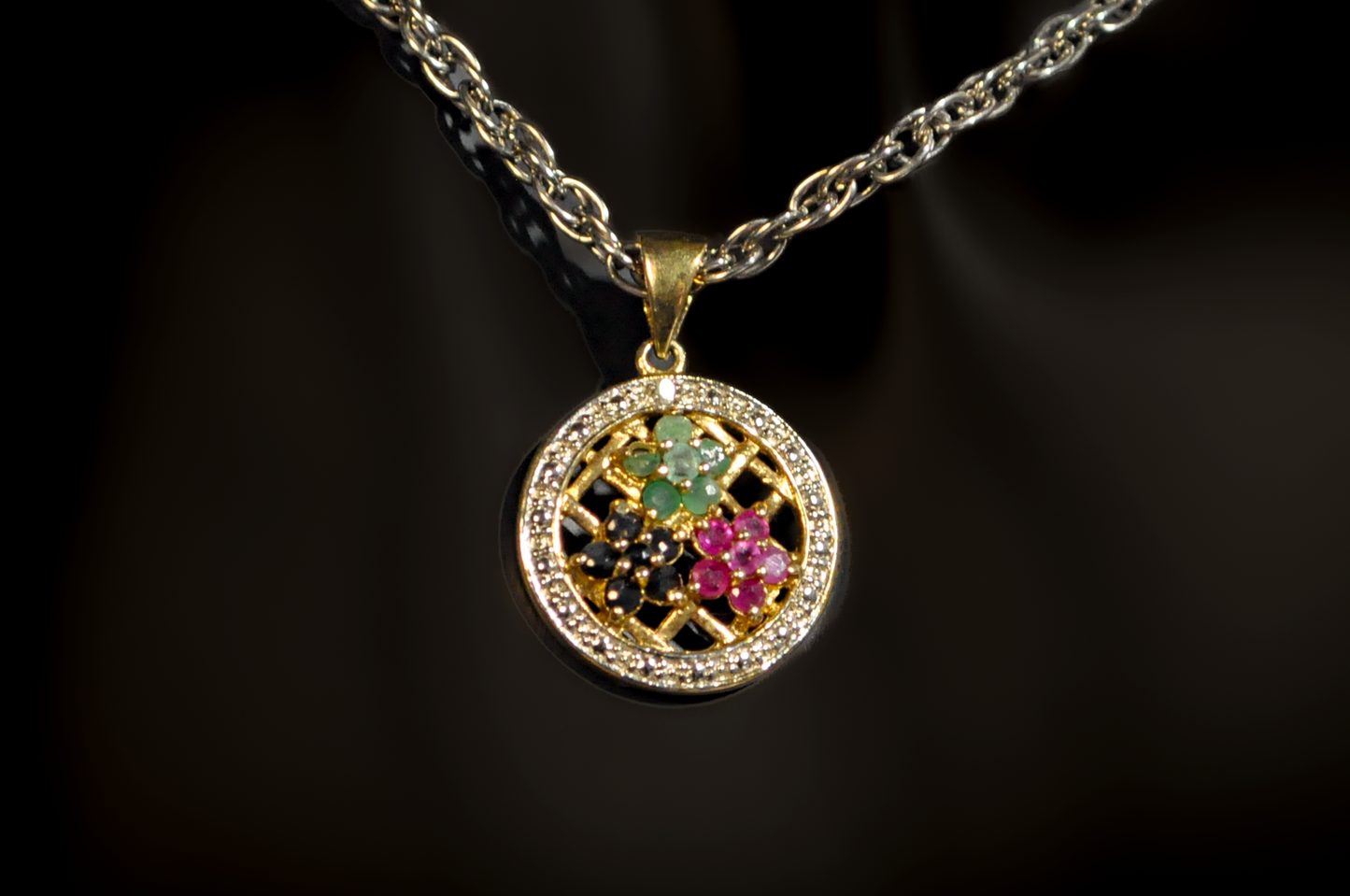 Gold Toned Silver Multicolor Floral Stone Pendant - Stamped and Tested Sterling Silver - Flower Gemstone Jewelry