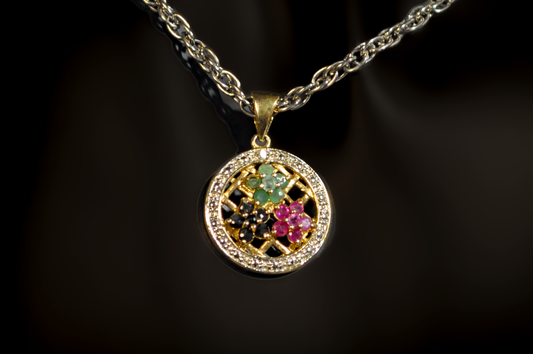 Gold Toned Silver Multicolor Floral Stone Pendant - Stamped and Tested Sterling Silver - Flower Gemstone Jewelry
