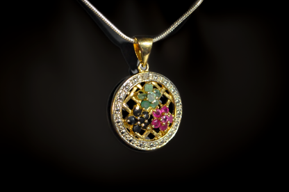Gold Toned Silver Multicolor Floral Stone Pendant - Stamped and Tested Sterling Silver - Flower Gemstone Jewelry
