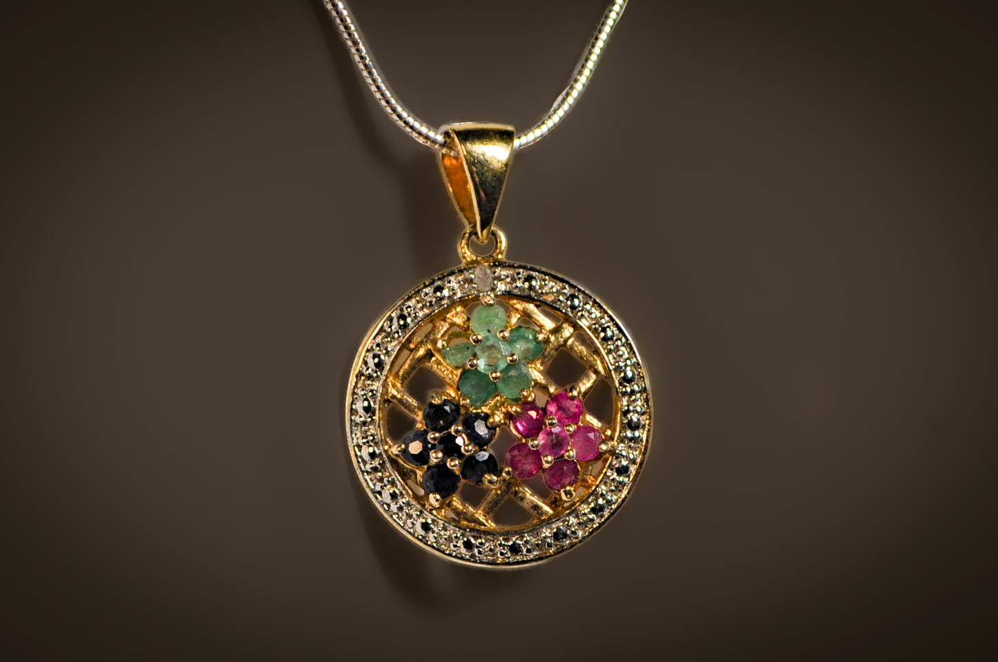 Gold Toned Silver Multicolor Floral Stone Pendant - Stamped and Tested Sterling Silver - Flower Gemstone Jewelry