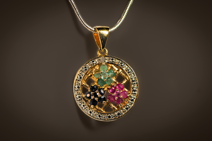 Gold Toned Silver Multicolor Floral Stone Pendant - Stamped and Tested Sterling Silver - Flower Gemstone Jewelry