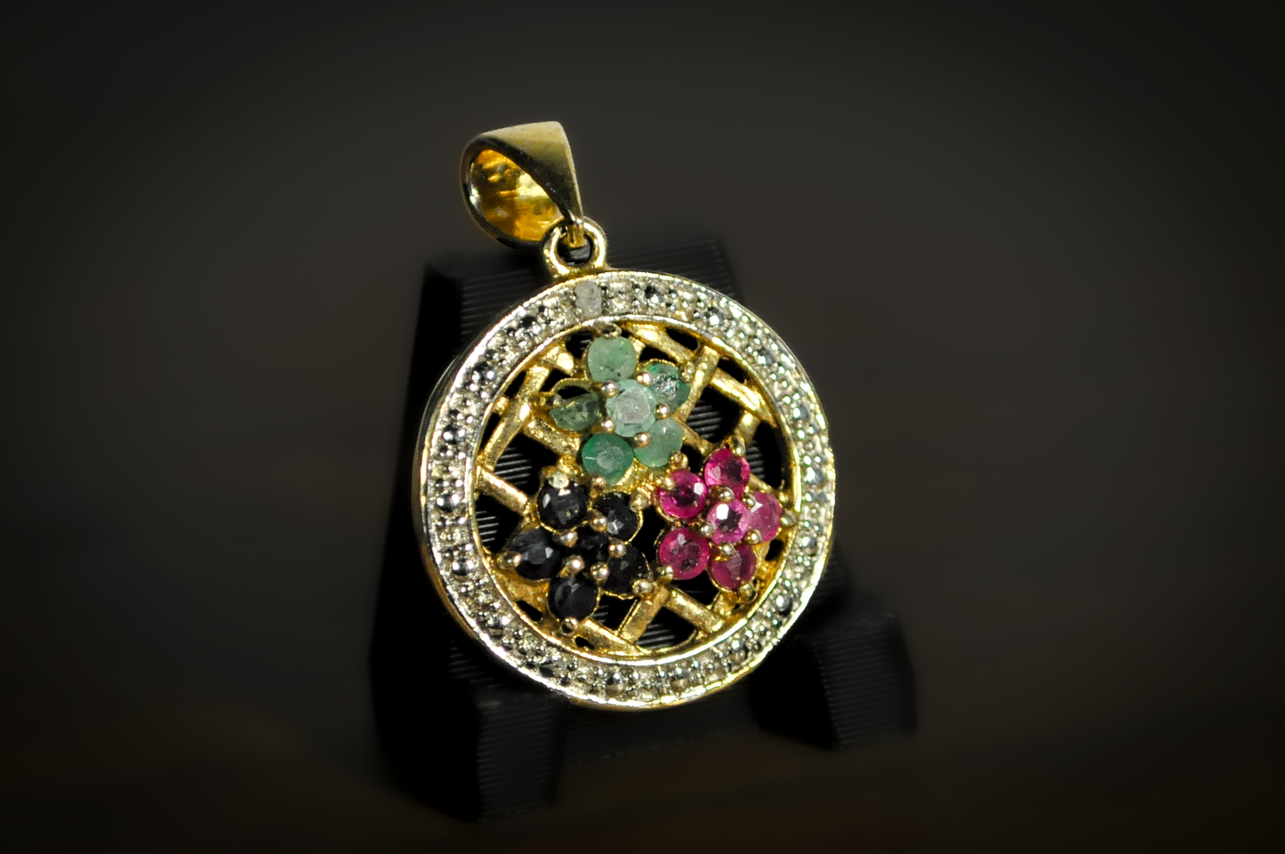 Gold Toned Silver Multicolor Floral Stone Pendant - Stamped and Tested Sterling Silver - Flower Gemstone Jewelry