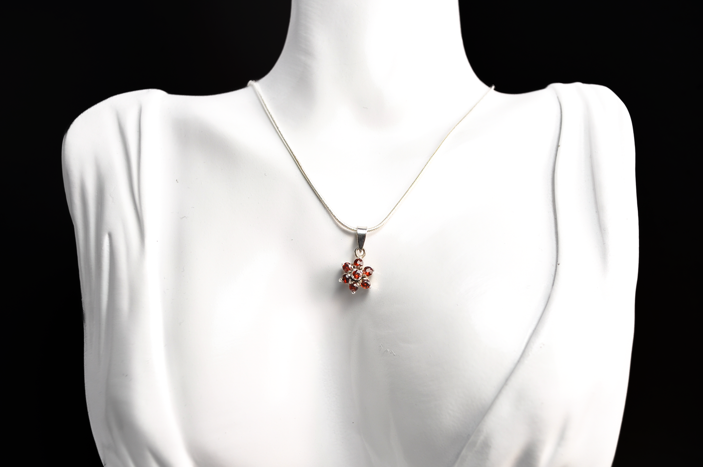 Small Floral Garnet Cluster Charm - Stamped and Tested Sterling Silver - Floral Garnet Charm - Star Garnet Charm