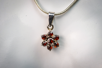 Small Floral Garnet Cluster Charm - Stamped and Tested Sterling Silver - Floral Garnet Charm - Star Garnet Charm