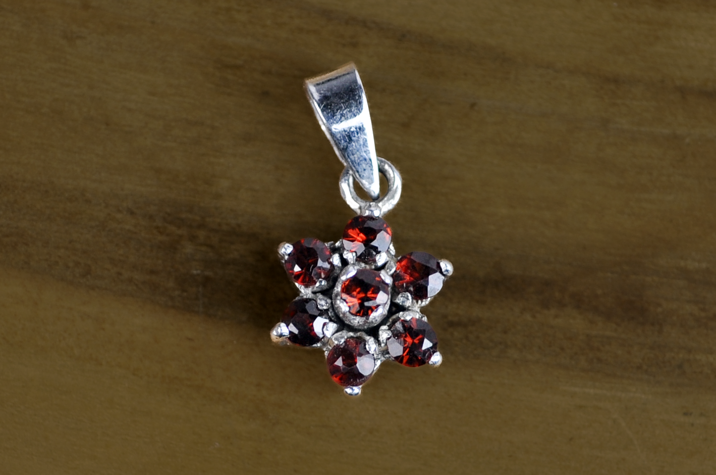 Small Floral Garnet Cluster Charm - Stamped and Tested Sterling Silver - Floral Garnet Charm - Star Garnet Charm