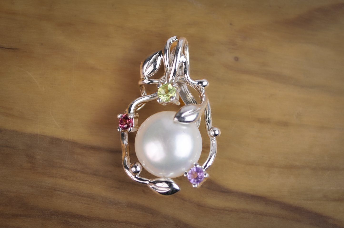 Cultured Pearl Leaf Filigree Multicolor Gemstone Pendant - Stamped and Tested  Sterling Silver - Cultured Pearl Jewelry
