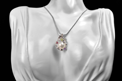 Cultured Pearl Leaf Filigree Multicolor Gemstone Pendant - Stamped and Tested  Sterling Silver - Cultured Pearl Jewelry
