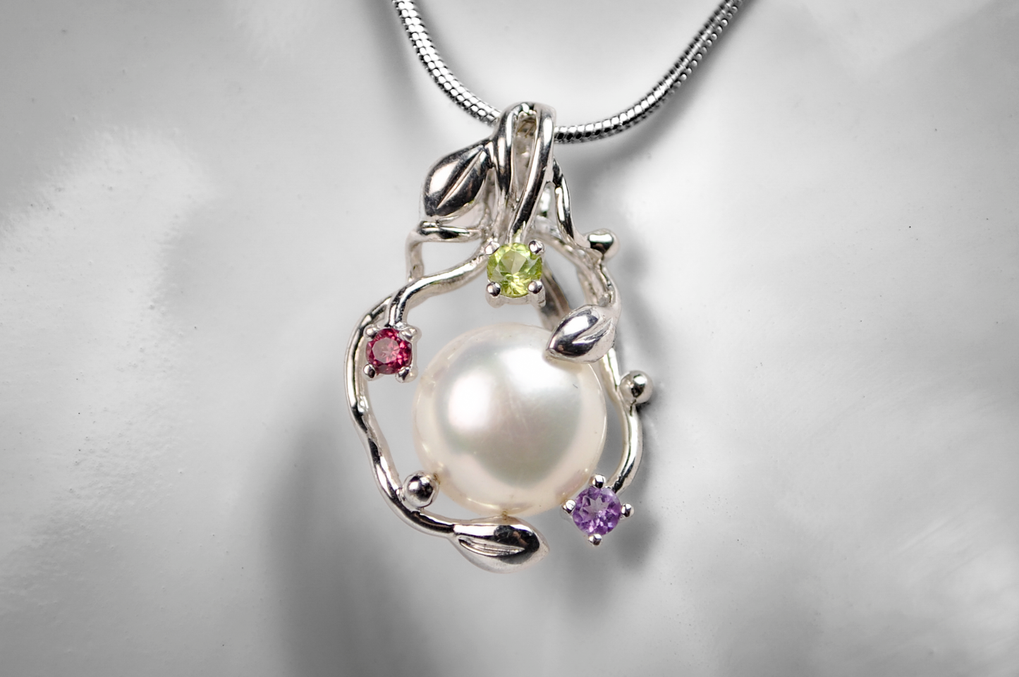 Cultured Pearl Leaf Filigree Multicolor Gemstone Pendant - Stamped and Tested  Sterling Silver - Cultured Pearl Jewelry