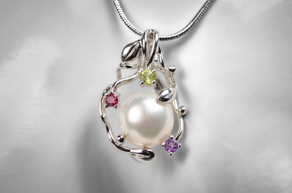 Cultured Pearl Leaf Filigree Multicolor Gemstone Pendant - Stamped and Tested  Sterling Silver - Cultured Pearl Jewelry