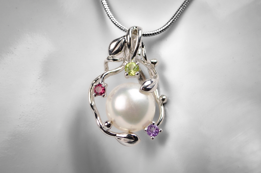 Cultured Pearl Leaf Filigree Multicolor Gemstone Pendant - Stamped and Tested  Sterling Silver - Cultured Pearl Jewelry