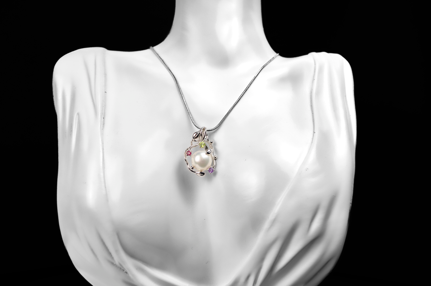 Cultured Pearl Leaf Filigree Multicolor Gemstone Pendant - Stamped and Tested  Sterling Silver - Cultured Pearl Jewelry