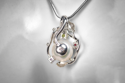 Cultured Pearl Leaf Filigree Multicolor Gemstone Pendant - Stamped and Tested  Sterling Silver - Cultured Pearl Jewelry
