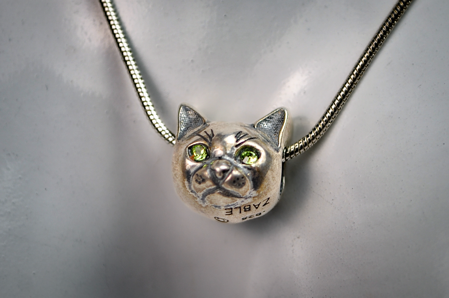 Zable Sterling Silver Peridot Eyed Cat Face Bead Charm - Stamped and Tested Sterling Silver - Animal Bracelet Charms