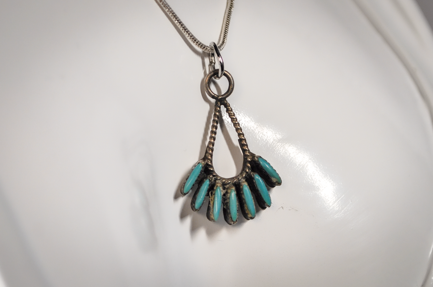 Vintage Needlepoint Turquoise Zuni Pendant - Tested Sterling Silver - Zuni Needlepoint Pendant